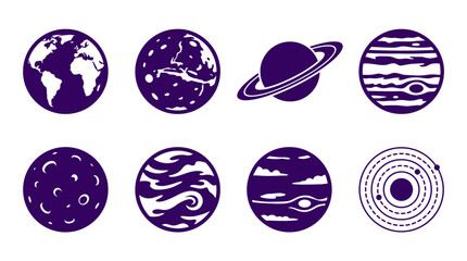 A collection of stylized planetary illustrations showcasing Earth, Mars, Saturn, and Jupiter, with artistic representations of their features © Payu