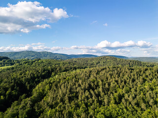 Obraz premium Drone view above forests, meadows and farmland in the Bavarian Forest countryside of Lower Bavaria