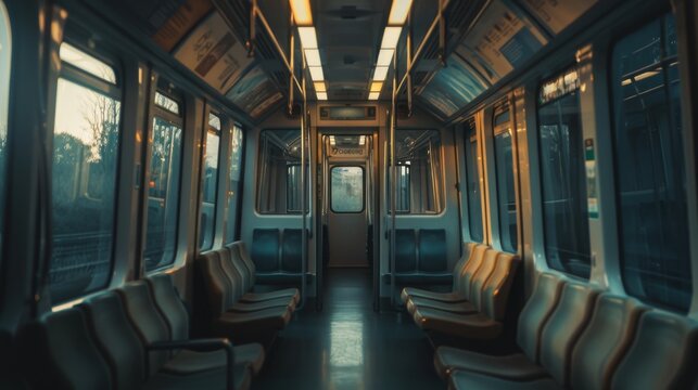 Empty train carriage symmetrical seats realistic shot with natural light Canon EOS R5