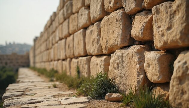 Ancient stone wall path in Jerusalem. Huge beige rock blocks form boundary. Green plants grow along walkway. Old city architecture perspective.