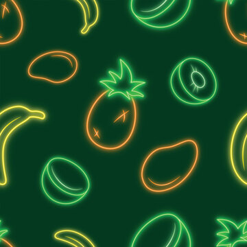 Seamless neon tropical fruit pattern with pineapple, kiwi, coconut, mango, and banana on a dark green background. A bright summer Y2K-style design for wallpaper, textiles, packaging, and digital use.