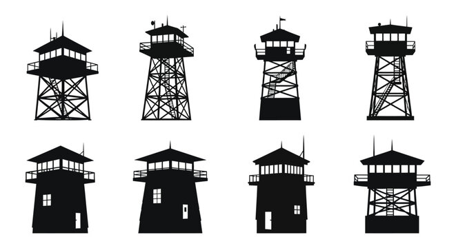 Watchtower silhouettes collection on white background