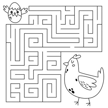 Easter maze game for kids. Cute chicken looking for a way to the chick in egg. Printable worksheet with solution for school and preschool. Vector cartoon illustration.