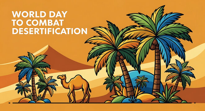 World day to combat desertification awareness poster with camel and palm trees