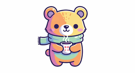 Fototapeta premium Cute Kawaii Bear Wearing Scarf Holding Hot Drink.