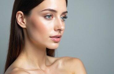 Fototapeta premium Woman with smooth skin and natural makeup. Gentle facial profile with soft lips and defined eyebrows. Clean background highlights her healthy appearance and elegant style, conveying purity and youth.