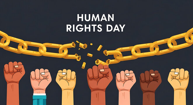 Human rights day with diverse fists breaking chain on dark background