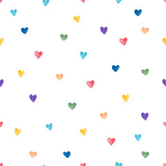 Rainbow pastel watercolor hearts seamless pattern. Pride month decor for cards, fabric, wrapping paper, scrapbooking. Hand painted © Asymme3