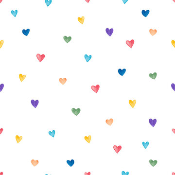 Rainbow pastel watercolor hearts seamless pattern. Pride month decor for cards, fabric, wrapping paper, scrapbooking. Hand painted