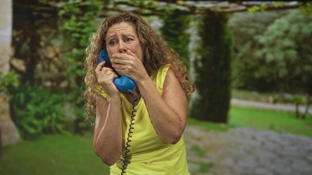 Middle aged hispanic woman wearing yellow shirt with curly hair, holding blue telephone handset and hand covering mouth in forest; distress.