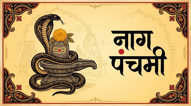 nag panchami illustration and Marathi, hindi Calligraphy of (nag panchami) with frame