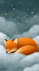 Fototapeta premium Red fox curled asleep on fluffy clouds under glowing stars