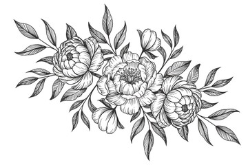 Fototapeta premium Three elegant peony flowers with green leaves