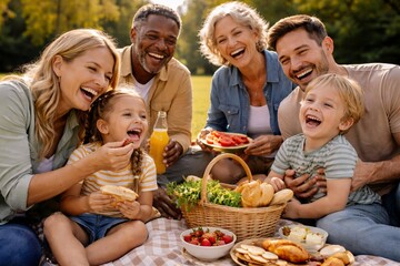 Fototapeta premium Happy family gathering for outdoor picnic