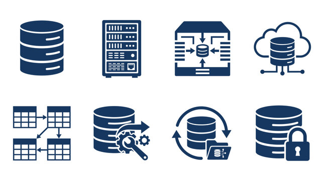 Collection of database icons illustrating storage, management, and security of data in technology