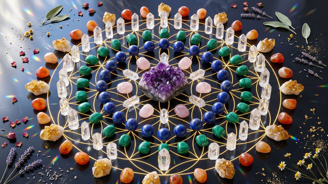 Crystal healing grid with sacred geometry Flower of Life pattern amethyst rose quartz lapis lazuli citrine and malachite on dark obsidian surface with golden light
