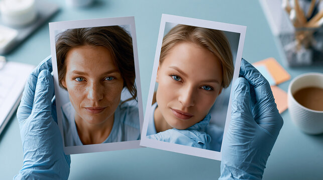 Two soft photographs rest side by side on a clean pastel desk while gloved hands compare the aesthetic results before after faceless detail soft pastel top down view sterile