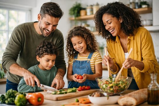 Family preparing healthy meal together at home