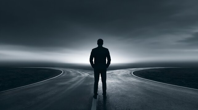 Lone man stands at a decision point