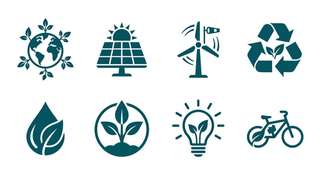 Collection of eco-friendly icons representing sustainability, renewable energy, and nature conservation (1)