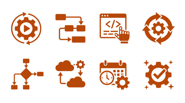 Collection of orange workflow and programming icons depicting processes, cloud computing, and automation