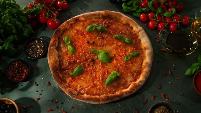 Rotating Fresh Pizza Margherita, Endless Loopable Slow Motion Shot.