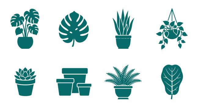 Collection of flat green houseplant icons and gardening pots.
