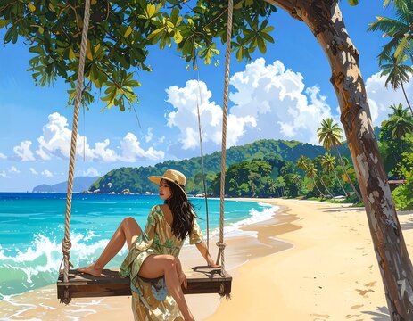 A person in a hat sits on a swing overlooking a pristine beach with turquoise water, palm trees, and lush green hills
