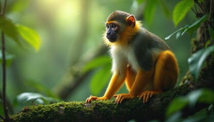 Fototapeta premium Small monkey rests on mossy tree branch in rainforest. Cute primate with orange fur looks left, surrounded by lush green foliage and soft sunlit background.