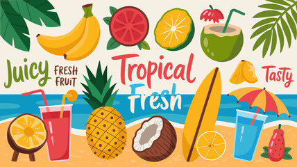 tropical fruit illustration with bananas pineapple oranges and coconut vibrant summer beach scene © Peradox