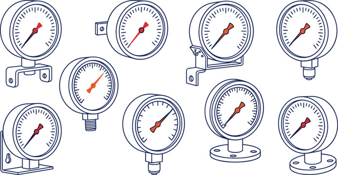 Minimalist Monochromatic Industrial Manometer Vector Set with Diverse Mounting Brackets and Red Indicator Needles for Mechanical Engineering and Pressure Gauge Designs