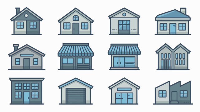 collection of stylized house icons with simple line art and a white background