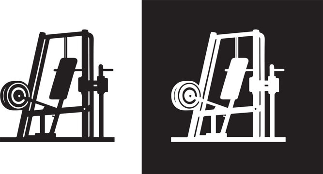 black gym equipment icon featuring various workout machines for strength training, including a squat rack, leg press, chest press, and rowing machine in a flat silhouette style