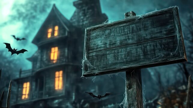 In front of a haunted house with glowing windows and bats flying about is a spooky wooden sign partially covered in cobwebs The sign is blank, and it sits in front of a spooky wooden sign partially