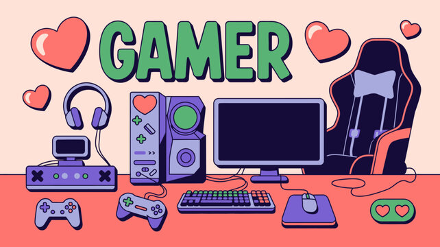 colorful gamer setup illustration with computer console and accessories on a pink background