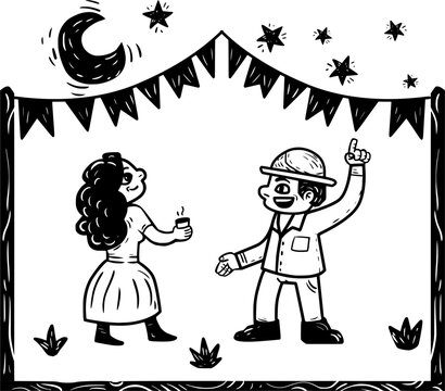 Hand-drawn Festa Junina couple dancing under festive flags. Woodcut style.