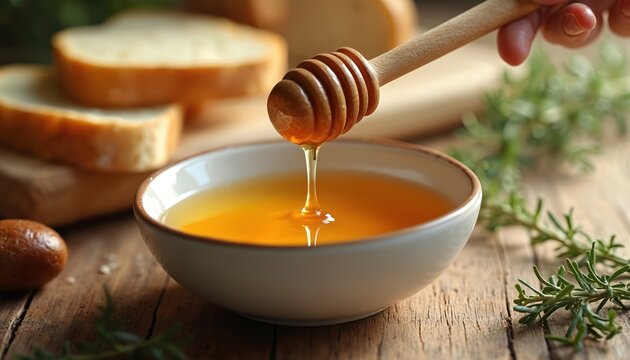 Wooden honey dipper slowly drips golden sweet liquid into white bowl. Sliced bread and green herb sprigs on rustic table background. Natural healthy food for breakfast or snack.