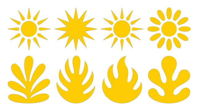 Collection of yellow sun and flame shapes against a white background stylized graphic elements