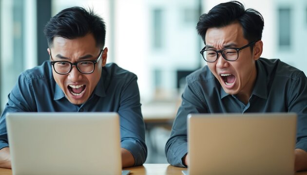 Two Asian men look at laptops with shocked faces. They seem stressed by tech problems, maybe a deadline approaching fast. Work issues cause intense frustration and anger.