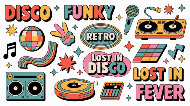 retro disco themed sticker collection with vibrant typography and musical elements on white background
