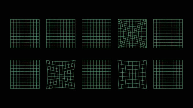 green grid distortion sequence on black background abstract geometric shapes and warped squares