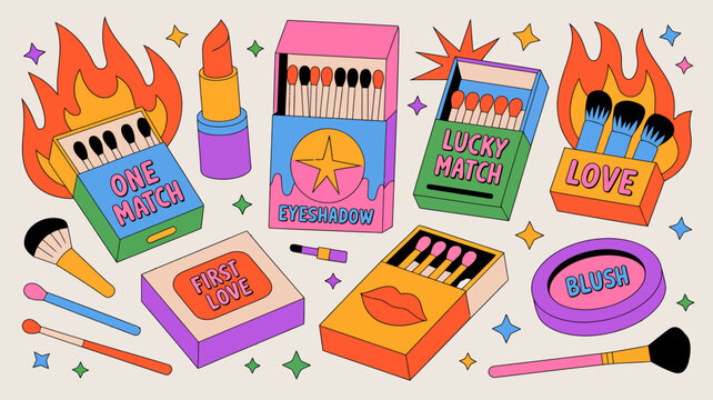 Colorful illustration of makeup and matchboxes with whimsical text and flame motifs