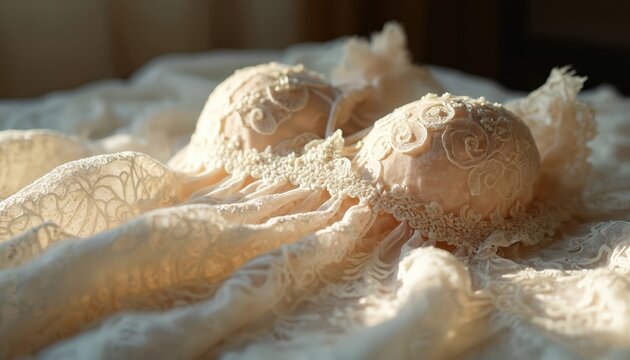 Luxurious pale pink lace bra with intricate floral embroidery. Delicate sheer fabric and ornate trim offer an elegant feel. Soft light highlights texture on draped material.