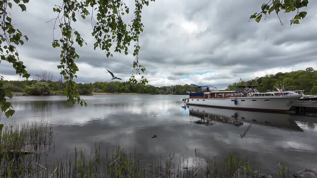 Wooden Boat on Lake During Rainy Day in Hagaparken Stockholm