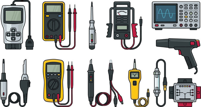 Professional Automotive Electrical Diagnostic Tool Vector Set featuring Digital Multimeter, OBD2 Scanner, Oscilloscope Screen, Circuit Tester Pen, and Probe Elements