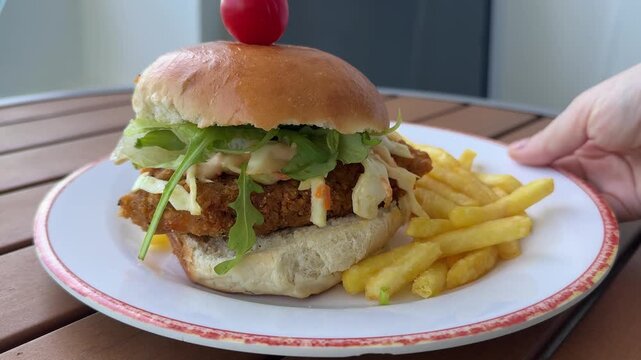 Serving a Crispy Chicken Sandwich with French Fries