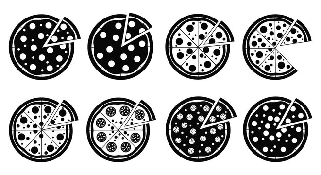 Pizza slices and whole pizzas black silhouette