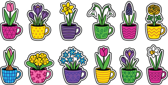 Thick Outline Spring Flower Sticker Set featuring Tulips, Crocus, Daffodil, Snowdrop, and Hyacinth Growing in Colorful Patterned Coffee Mugs Vector Graphic