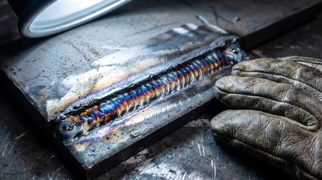 Close-up of a meticulously crafted TIG weld seam on a metal plate, showcasing vibrant iridescent heat tint colors. Highlights skilled craftsmanship and industrial quality.