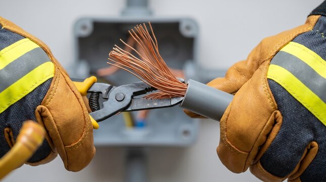 Close-up of an electrician's gloved hands using a wire stripper tool to remove insulation from an electrical cable, revealing copper wires for installation.